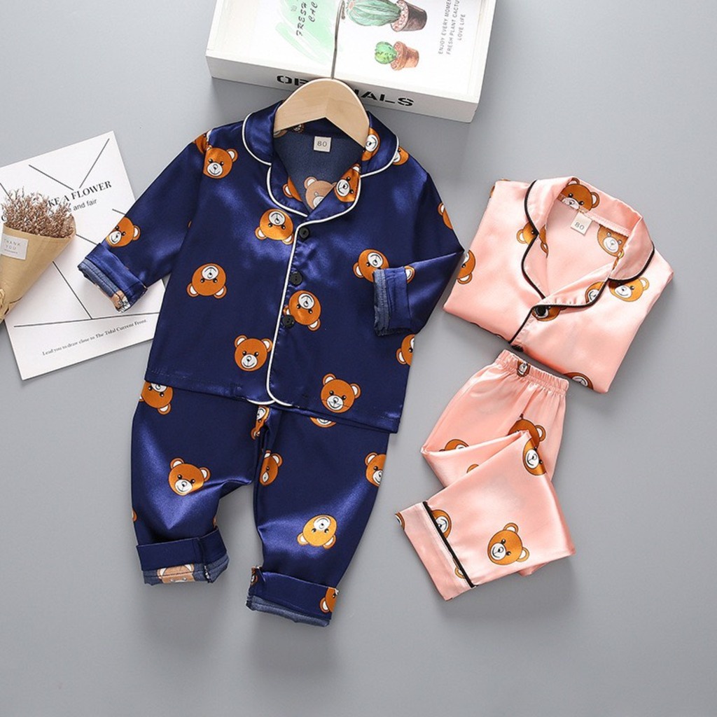 Bộ Pijama Dài Tay In Hình Gấu Chất Lụa Satin Cao Cấp, Đồ Ngủ Lụa Cho Bé Từ 7-28Kg - SUMOKIDS