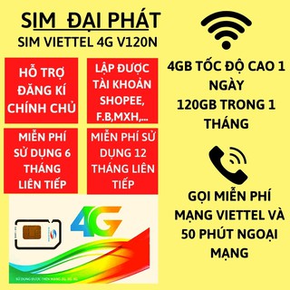 Sim 4G Viettel 1 NĂM  V120 -12V120 / 6V120- Data 1440Gb Free 12 Tháng - Miễn Phí Gọi - Cả Năm Không Cần Nạp Tiền Duy Trì