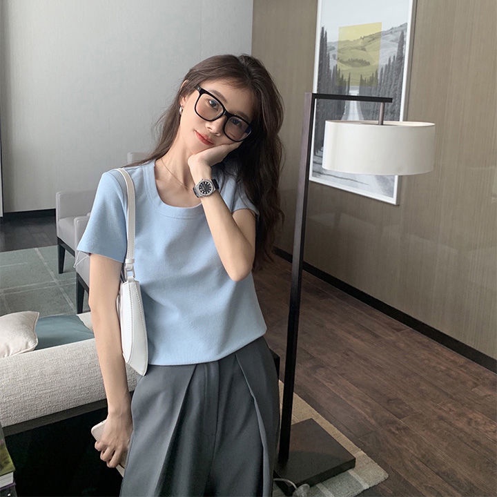 Áo Thun Tay Ngắn Cổ Chữ U Màu Trơn Phong Cách Thời Trang Hàn Quốc Mới 2022