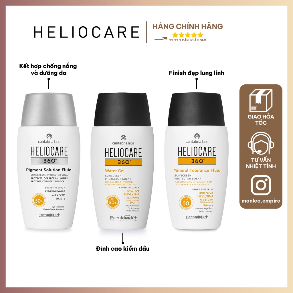 Kem chống nắng Heliocare 360 Water Gel/Mineral Tolerance/Pigment Solution Fluid SPF50+ 50ml