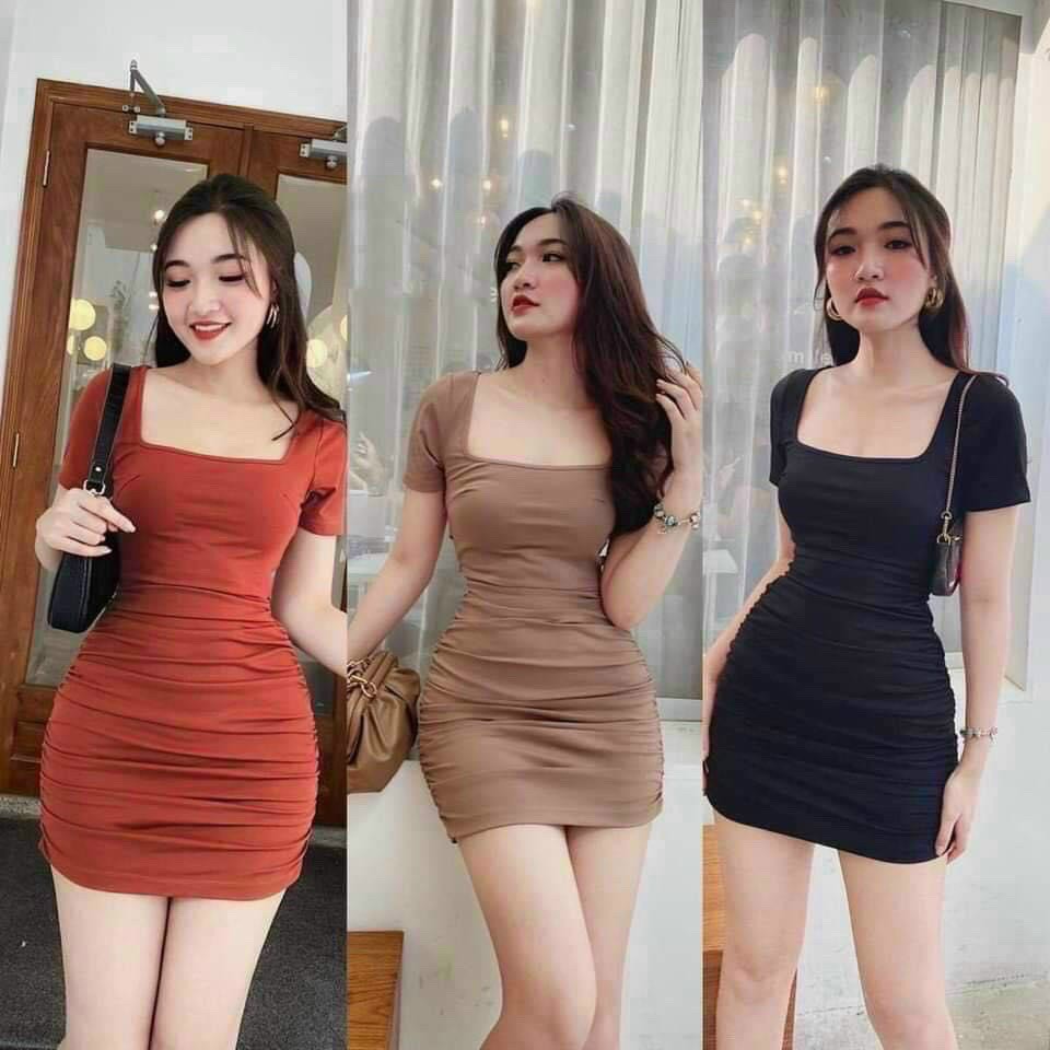 Đầm body tay ngắn cổ vuông trơn kiểu nhúm sườn xinh , chất thun bozip mềm mịn