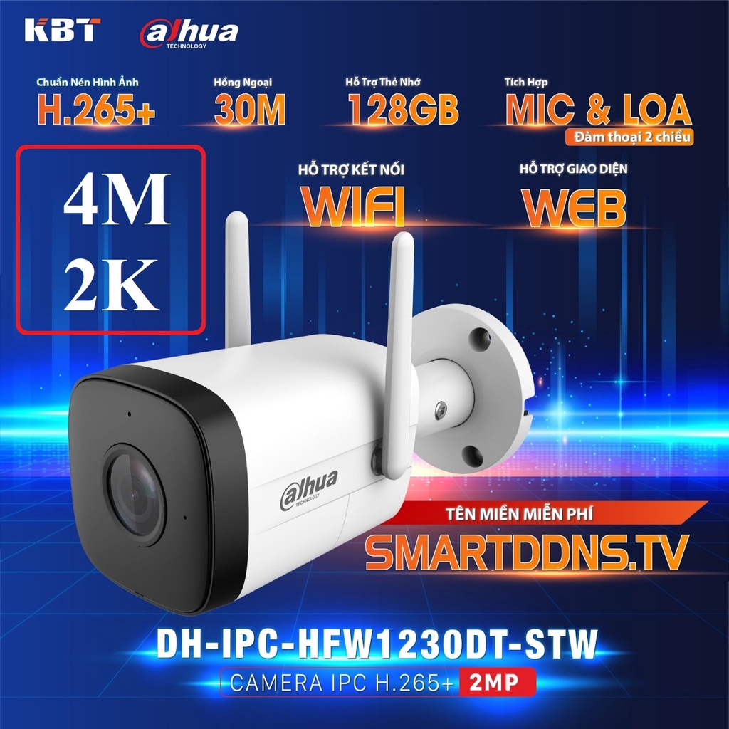 Camera WiFi Dahua Ngoài Trời IPC- 1230DT - STW 2MP 4MP 2K IMOU Đàm Thoại 2 Chiều, Tên Miền free, Nén H265, Chính Hãng