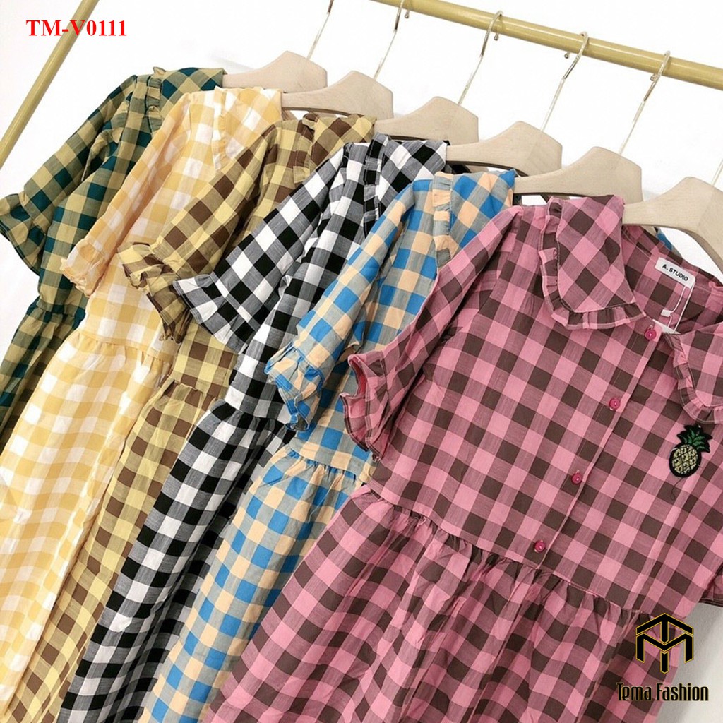 Đầm bigsize  TEMA - Váy bầu chất cotton mát kẻ caro dáng dài cổ sen siêu xinh