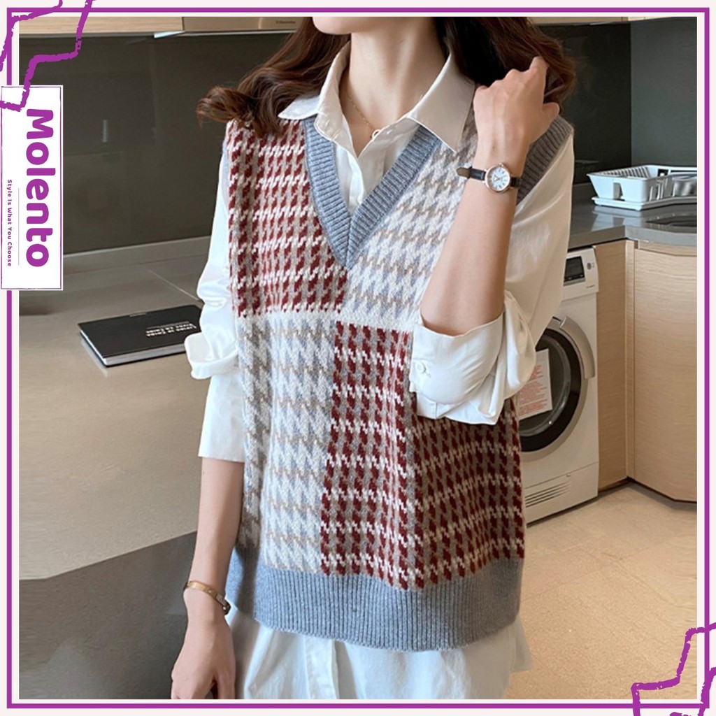 Áo Gile Len Nữ Ulzzang Hàn Quốc MOLENTO Áo Len Cổ V Dày Dặn, Mềm Mịn Cực Ấm Thời Trang Vintage - M68 | BigBuy360 - bigbuy360.vn