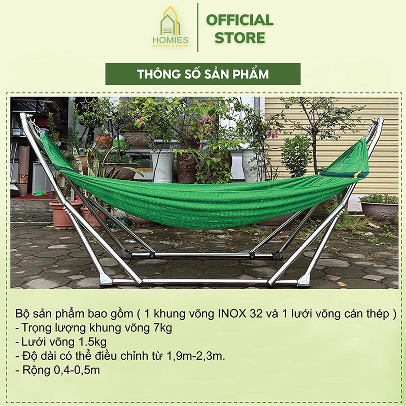 Võng Xếp HOMIES Khung Inox Tròn Phi 32 - Tặng Kèm Lưới Võng ( Chịu trọng lực 150kg )