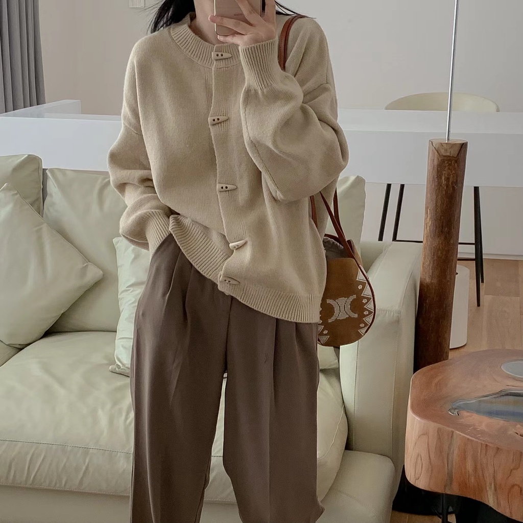 Áo Khoác Cardigan Cổ Tròn Dáng Rộng Cài Nút Thời Trang Thu Đông Phong Cách Retro Mới 55553