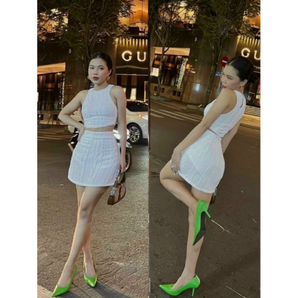 Set Áo Croptop Ba Lỗ Sát Nách Và Chân Váy Bút Chì Dáng Ngắn - Len Xương Cá - Form Ôm Body Sexy - Sang Chảnh Cute