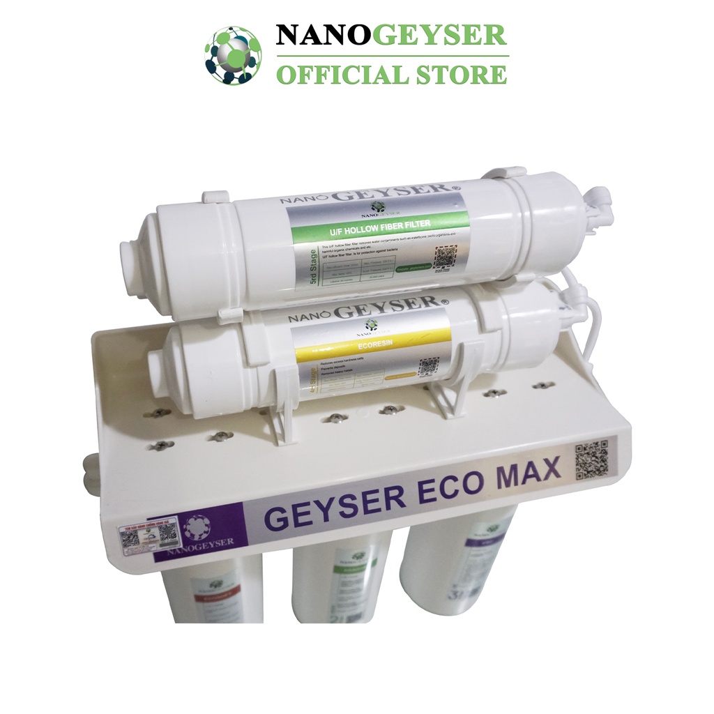 Máy lọc nước Nano Geyser ECO MAX, Công nghệ lọc và diệt khuẩn kép Nano + UF, Bảo hành điện tử 5 năm qua app chính hãng