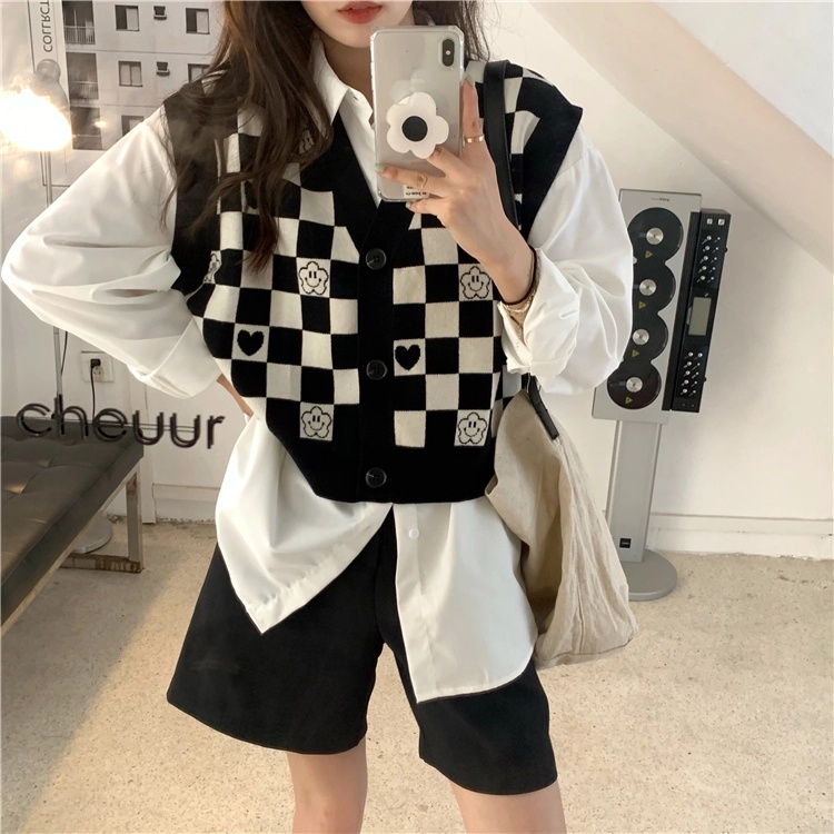 Áo Sweater Dệt Kim Không Tay Kẻ Caro Trắng Đen 199896Thời Trang Áo Khoác Ngắn Hợp Thời Trang