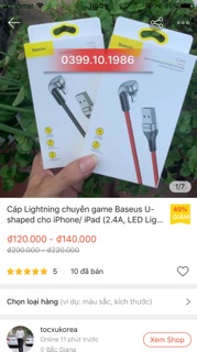 Cáp Lightning chuyên game Baseus U-Shaped cho IP, Ipad
