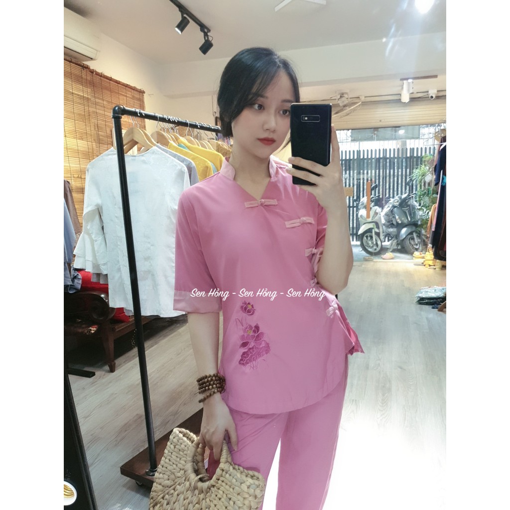 Quần áo Phật tử màu hồng pháo cài chéo 5 nút đài loan hàng loại 1 giặt máy thoai mái có sẵn