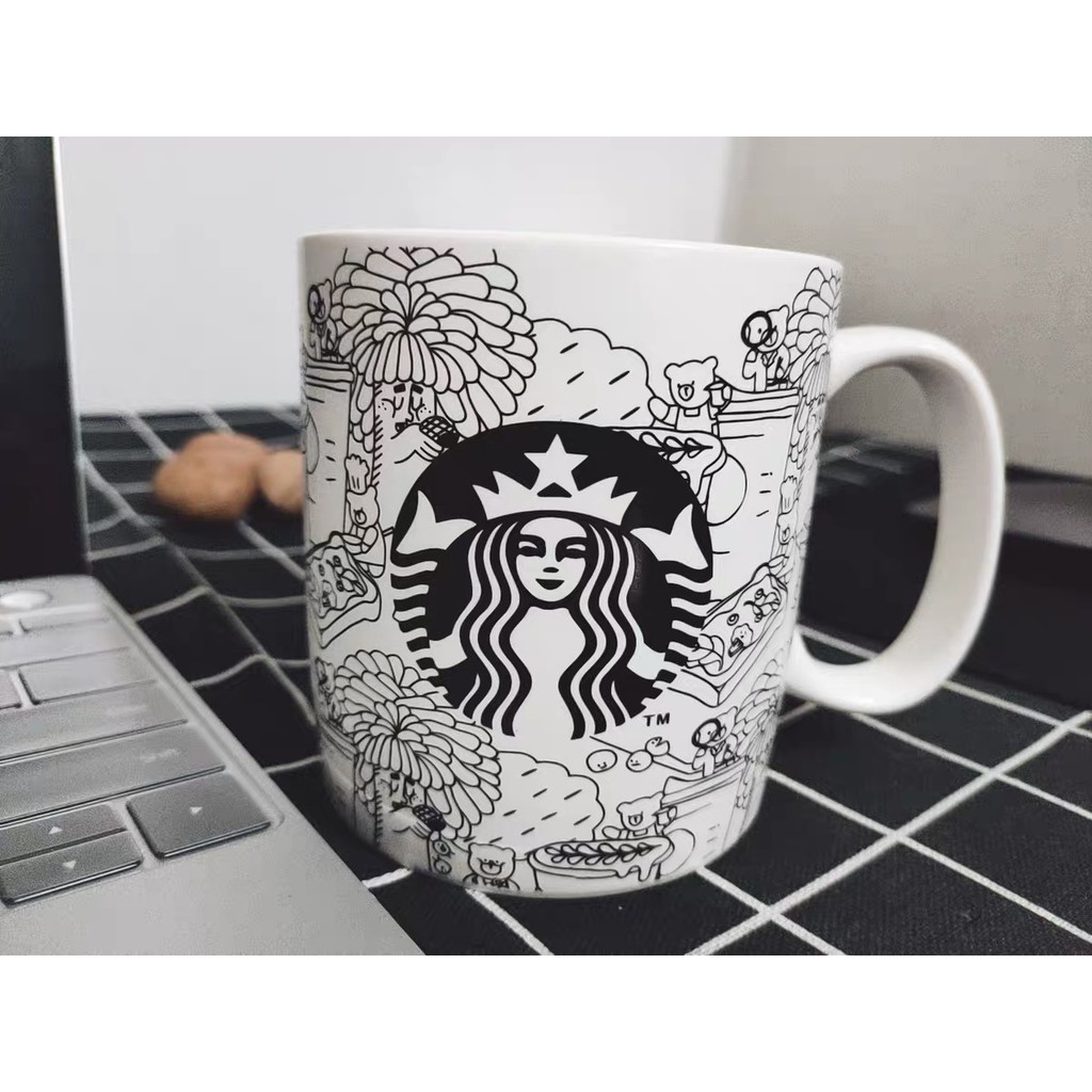 Ly sứ STARBUCKS họa tiết trắng đen dung tích 473ml