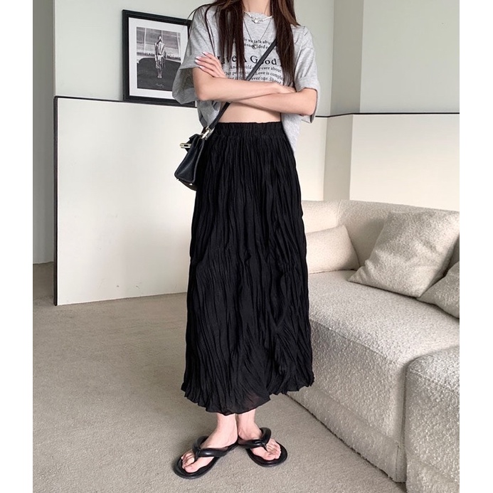 Urihouse - Chân váy nhăn xoè dáng dài midi cạp cao chun màu đen, màu trắng có lớp lót phía trong