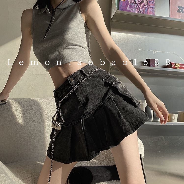 [ Sẵn ] Chân Váy jean chữ A, túi 2 bên xếp ly cá tính Lemontaobao | BigBuy360 - bigbuy360.vn