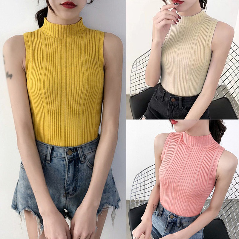 Áo Dệt Kim Sát Nách Cổ Lọ Dáng Ôm Thời Trang Retro Cho Nữ