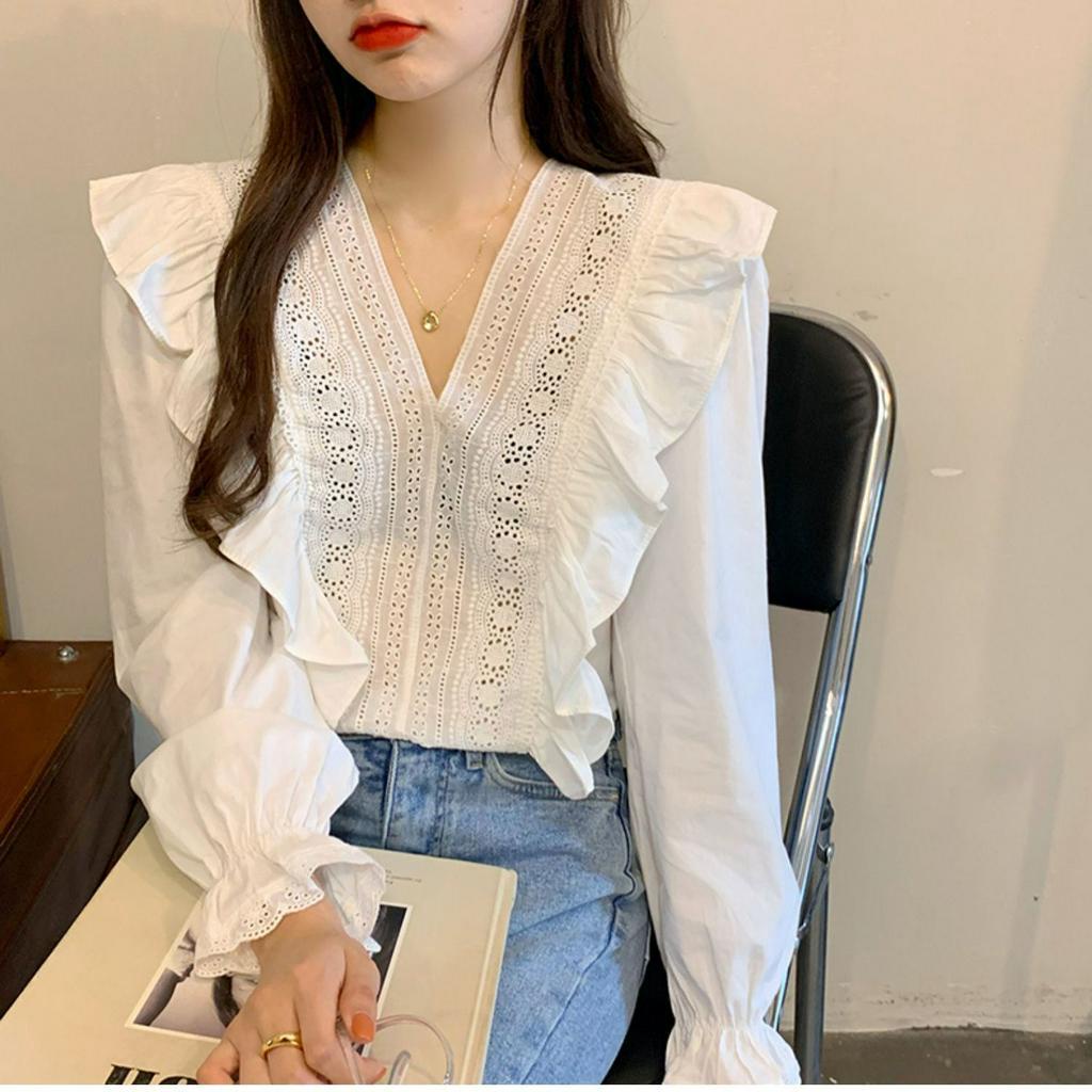 Áo Kiểu Nữ V-neck Lace Shirt Ruffle Temperament Long Sleeve Top