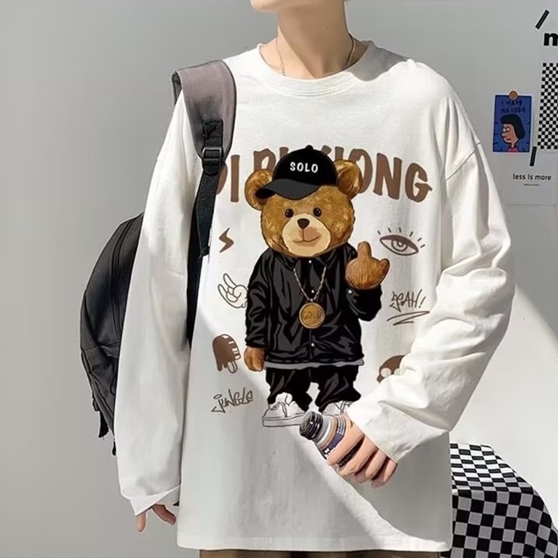 Áo Thun Tay Dài Dáng Rộng In Họa Tiết Chú Gấu Dễ Phối Đồ Thời Trang Xuân Thu Phong Cách Hàn Quốc Cho Nam