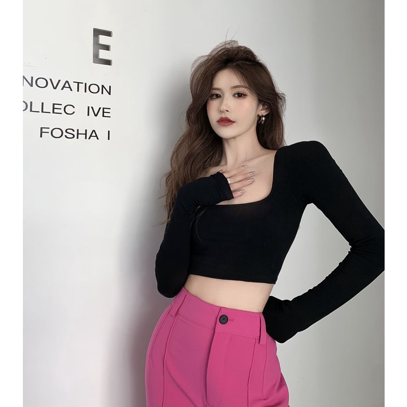 Áo Thun Nữ Dài Tay Cổ Vuông Dây Đan Chéo Sau Lưng Gợi Cảm