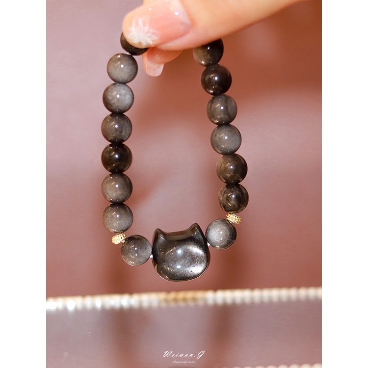 [Hàng Mới] Vòng Đeo Tay Chuỗi Hạt Đá Obsidian Hình Đầu Mèo Độc Đáo