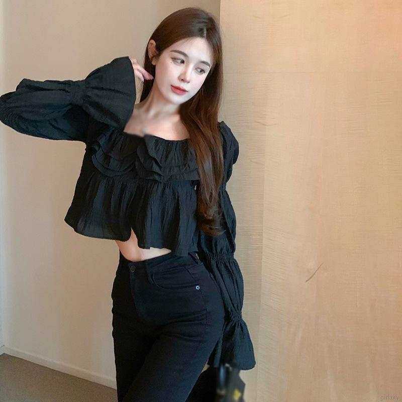 Áo croptop tay dài phồng cổ vuông dáng ôm chất liệu chiffon thời trang Hàn Quốc cổ điển cho nữ | BigBuy360 - bigbuy360.vn