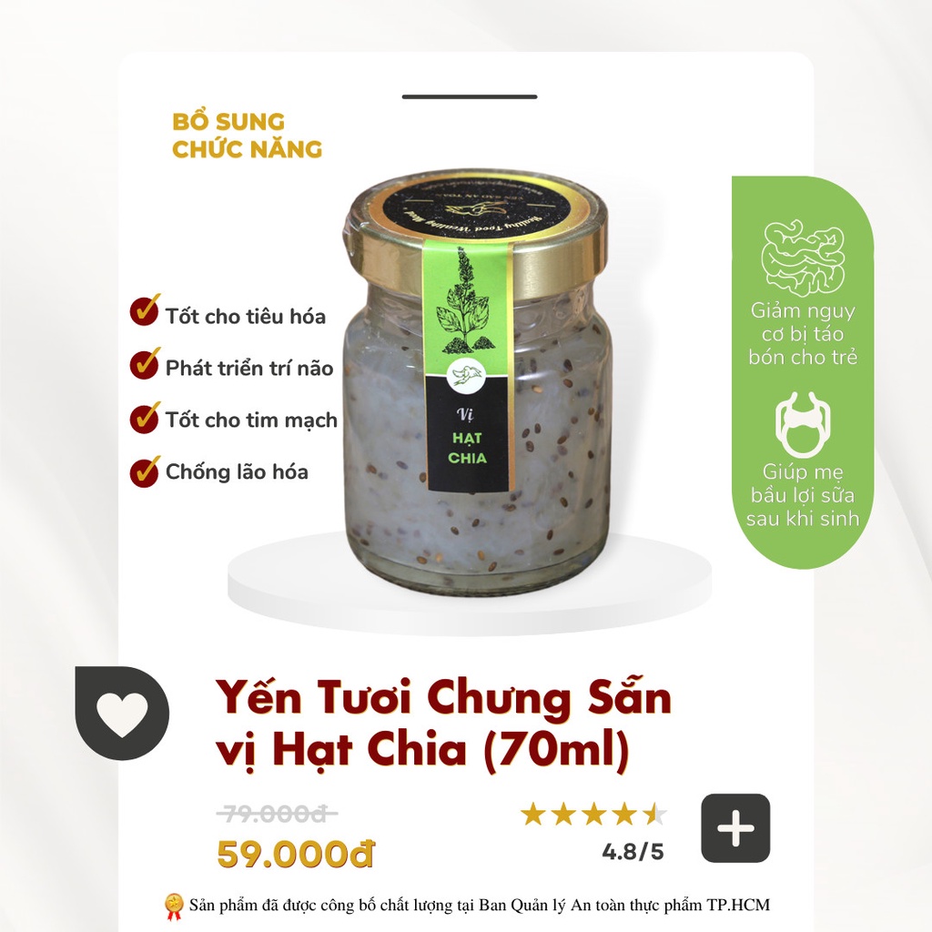 Lốc 6 hũ yến tươi chưng Hạt Chia (70ml) - Tốt cho hệ tiêu hoá