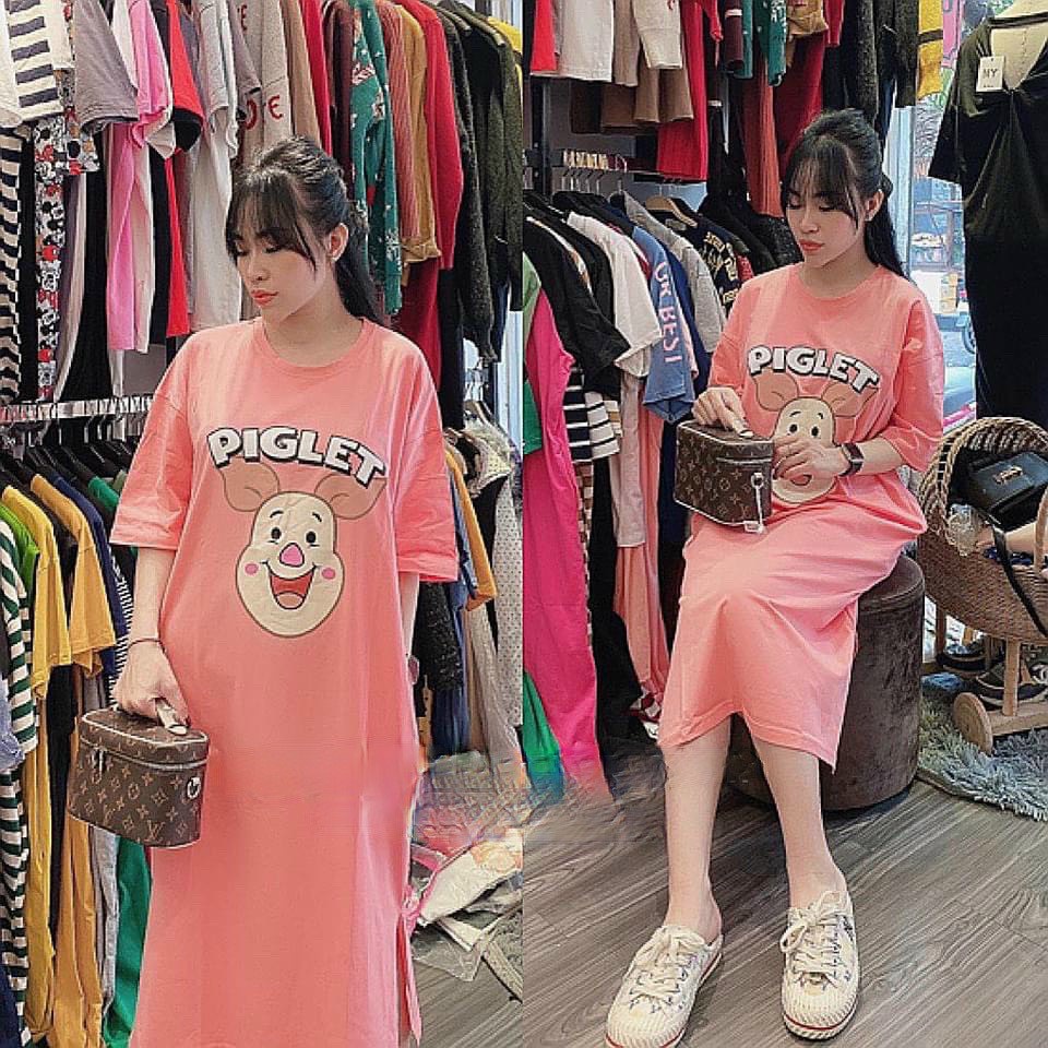 Đầm bầu suông PIGLET chất cotton thoáng mát váy suông dáng dài 3 màu đáng yêu