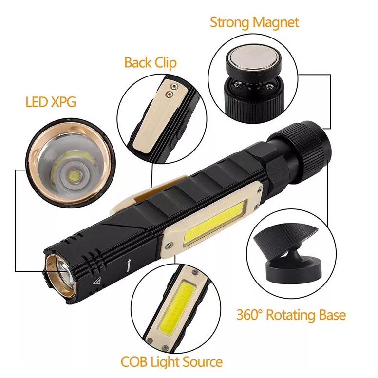 Đèn pin cầm tay LED COB gập chữ L ánh sáng trắng đỏ, có dây đeo đầu, nam châm, cổng sạc USB, dùng đi cắm trại, đi câu