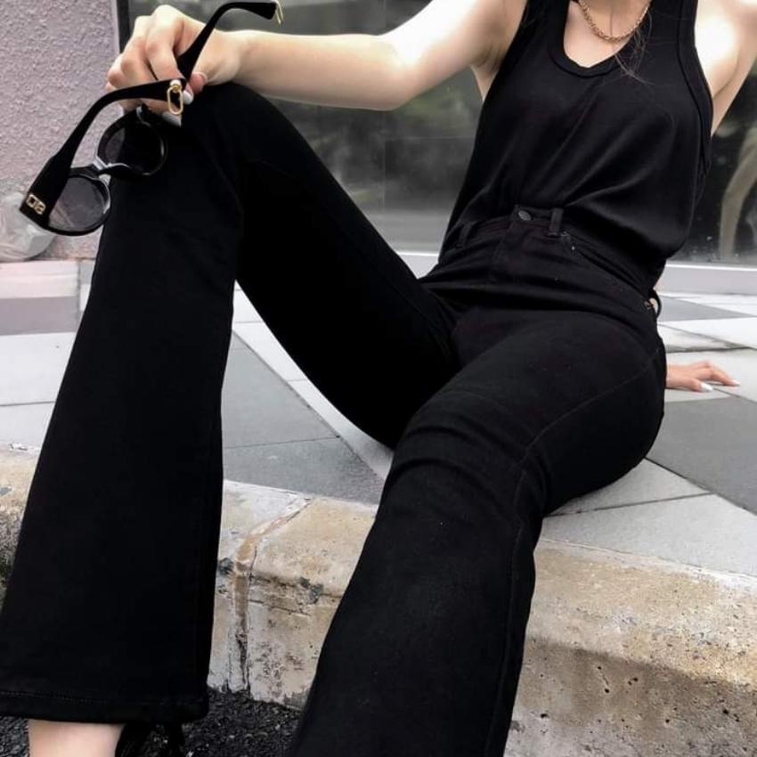 Quần jean ống loe Jeanny Jeans nữ đen trơn lưng cao dáng dài hàng VNXK 2906