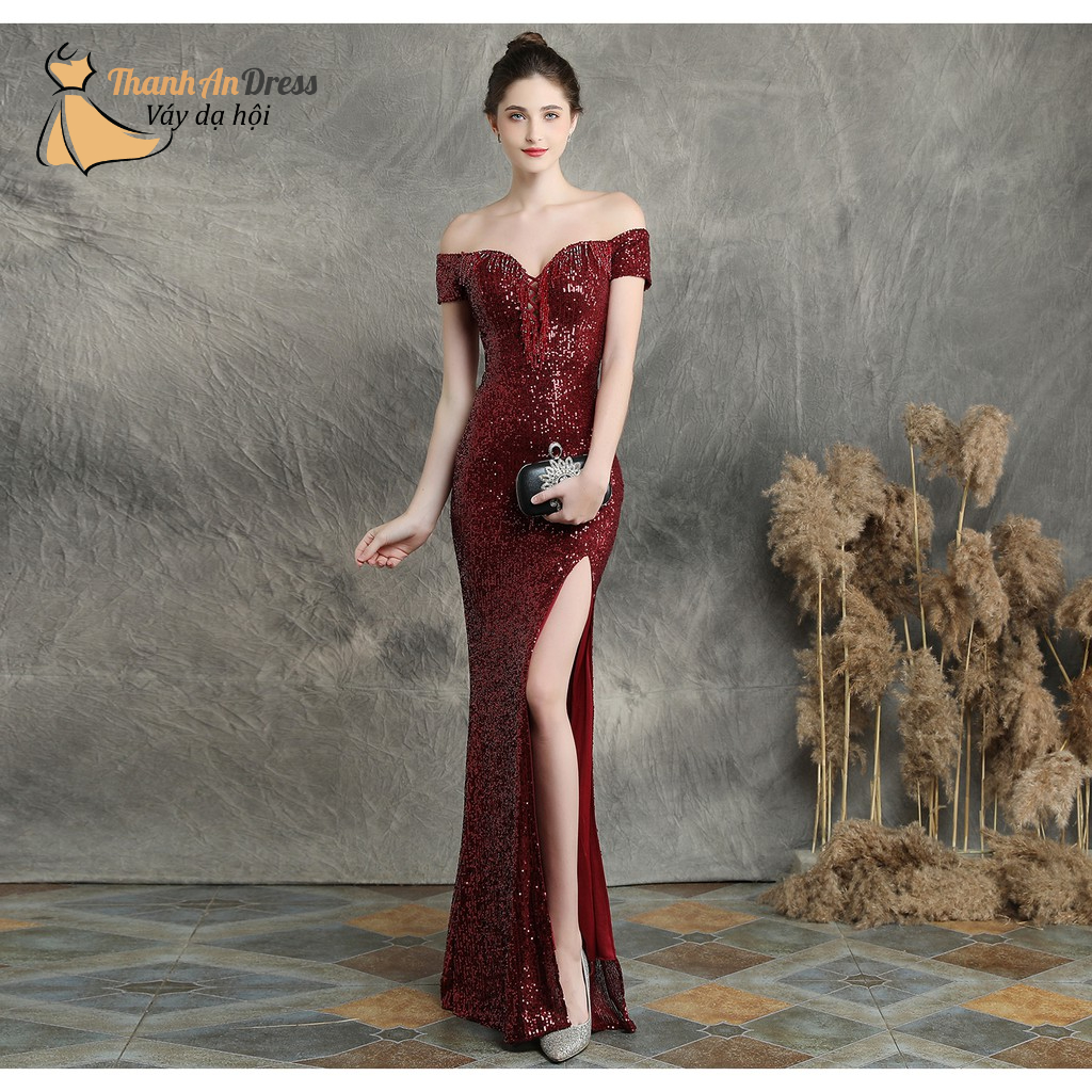 Đầm Dự Tiệc Đuôi Cá Kim Sa Thiết Kế Trễ Vai Đính Cườm Sang Chảnh