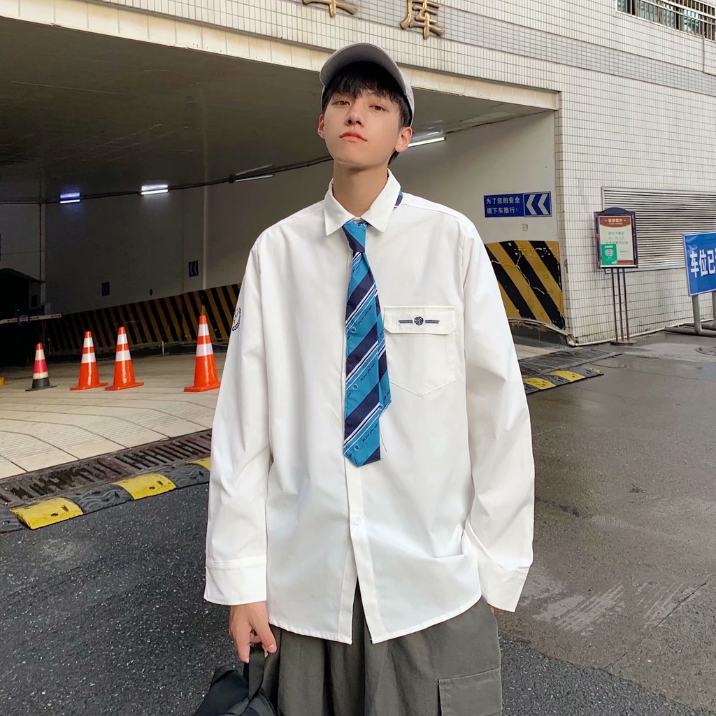 White Long Sleeve Shirt + Men's Fashion Tie Size M-2Xl