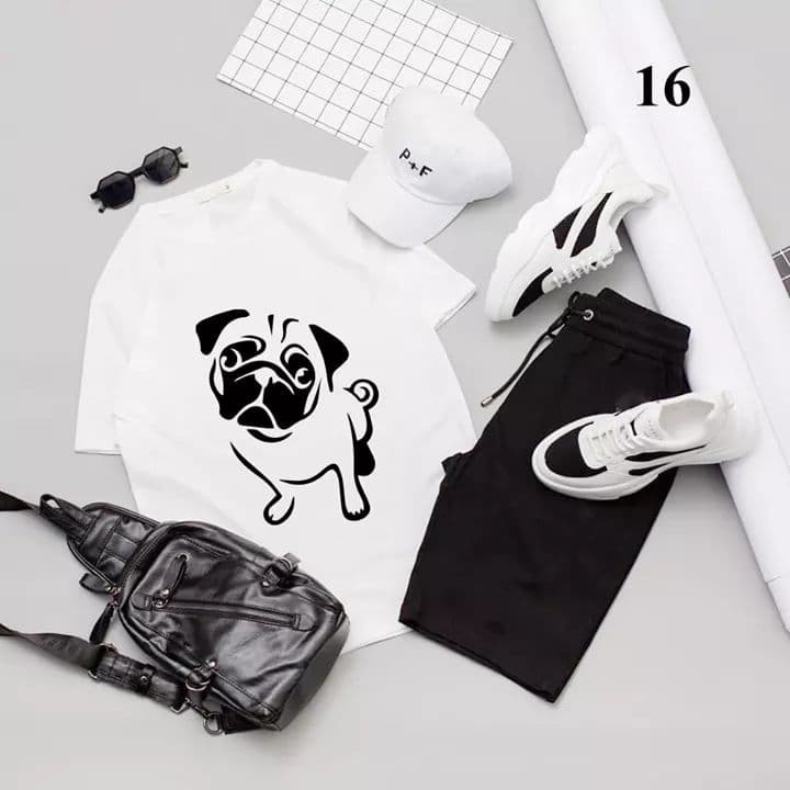 Áo thun tay lỡ form rộng unisex - Áo Thun Phông rộng in hình chó Pug đáng iêu Áo trơn cotton