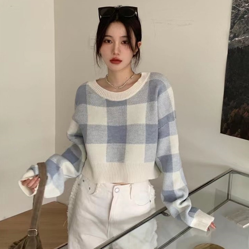 Áo Len Tay Dài Họa Tiết Sọc Caro Phong Cách Retro Hàn Quốc