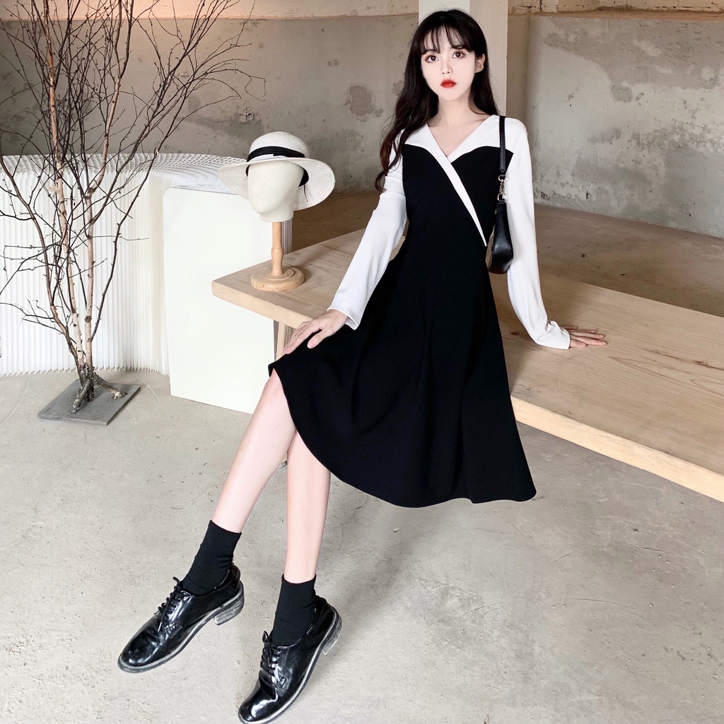 SUXI Đầm ôm Dài Tay Cổ Chữ V Thời Trang Hàn