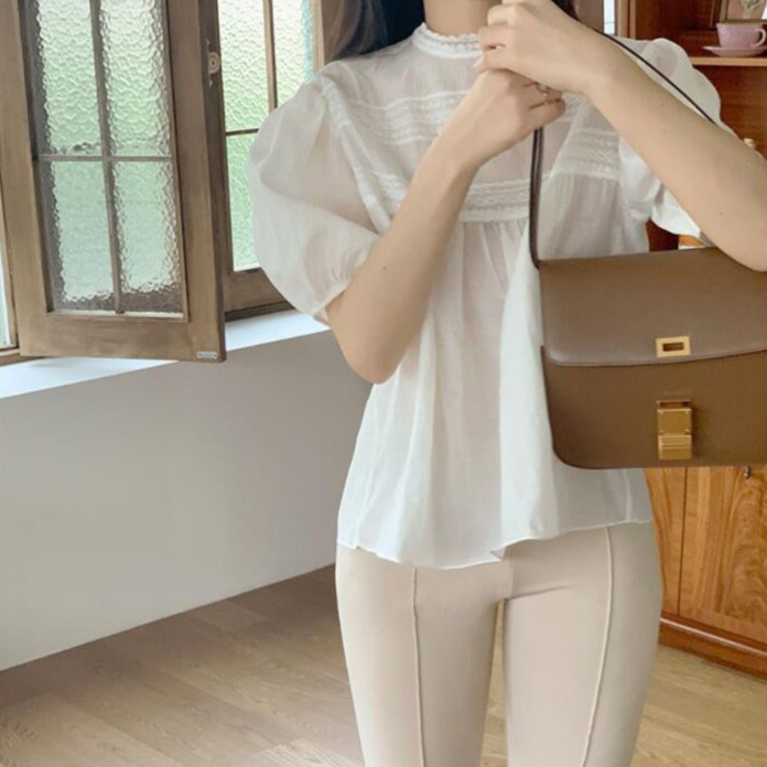 Áo Sơ Mi Tay Ngắn Cổ Búp Bê Phối Ren Phong Cách Hàn Quốc Thời Trang Cho Nữ