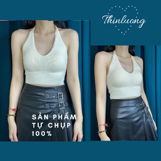Áo croptop len màu kem cột dây