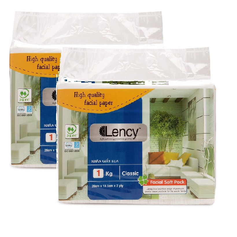Combo 02 túi khăn giấy lụa Lency 1 kg ( 2 lớp), 100% virgin tissue, size 200mm x 195 mm, Dai, Mềm Mạ