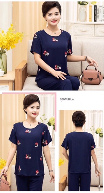 Bộ lanh thêu hoa trung niên cực mát