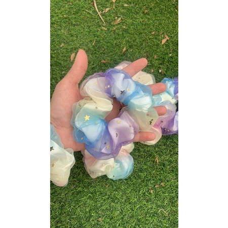 Dây buộc tóc, cột tóc scrunchies càu vòng 2 lớp siu to size 13cm lụa hàn quốc phối lưới