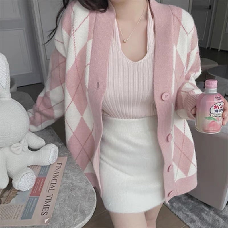 Áo khoác len cardigan lông thỏ hàng cao cấp,  hoạ tiết kim cương áo khoác len phong cách Hàn Quốc / shop hường khểnh