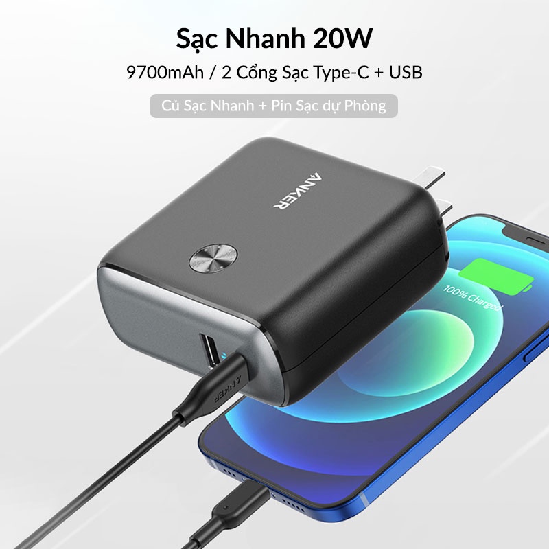 Củ Sạc Anker Powercore Fusion 10000Mah A1623 Hỗ Trợ Sạc Nhanh Pd 20W Kiêm Sạc Dự Phòng 2 Cổng Usb A + Type C