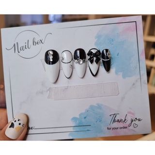 HYn Nailbox - Nail trắng đen đính đá + nơ xinh sang nhọn bầu