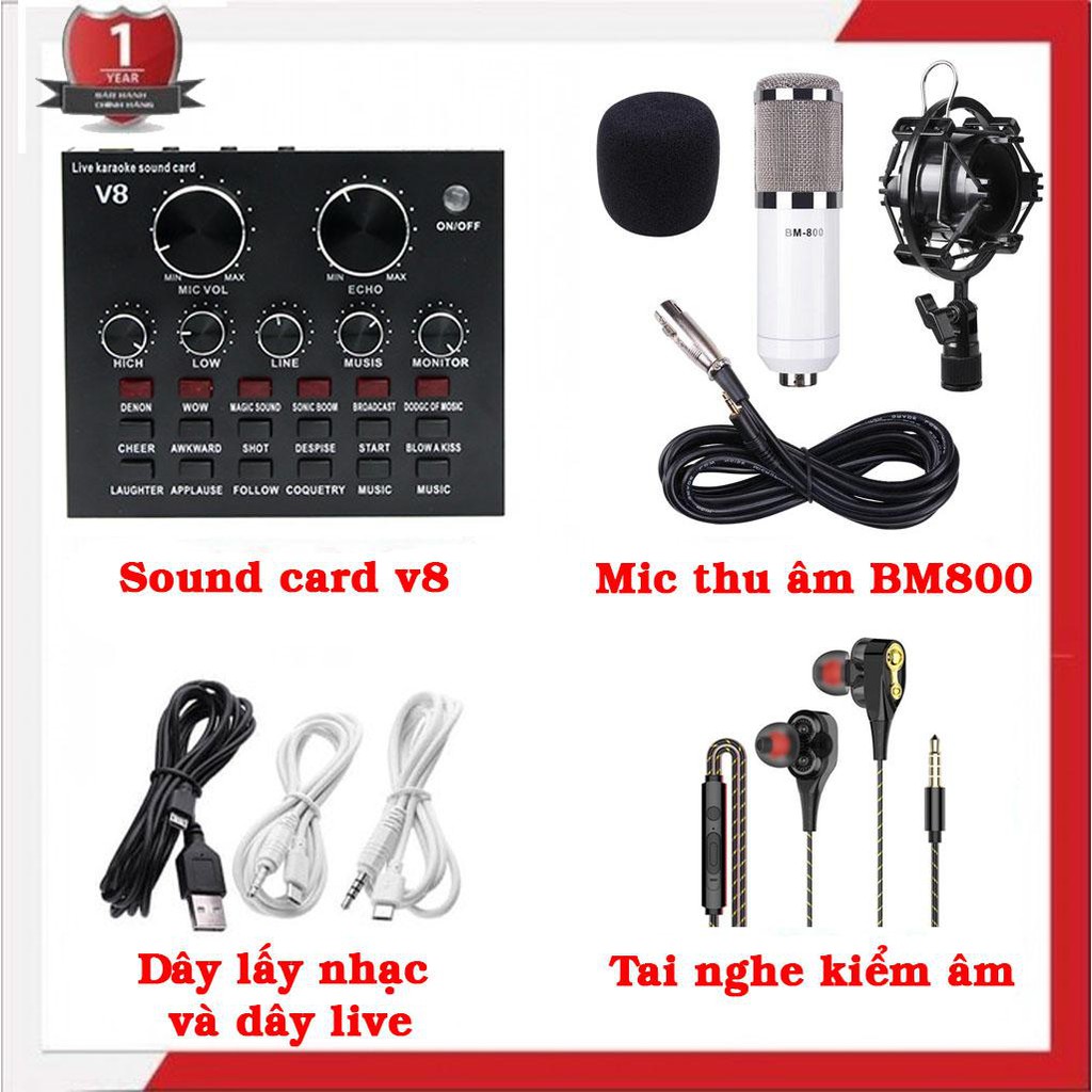 Combo sound card v8 và mic bm800 tặng tai nghe lõi kép sang trọng(3 món)