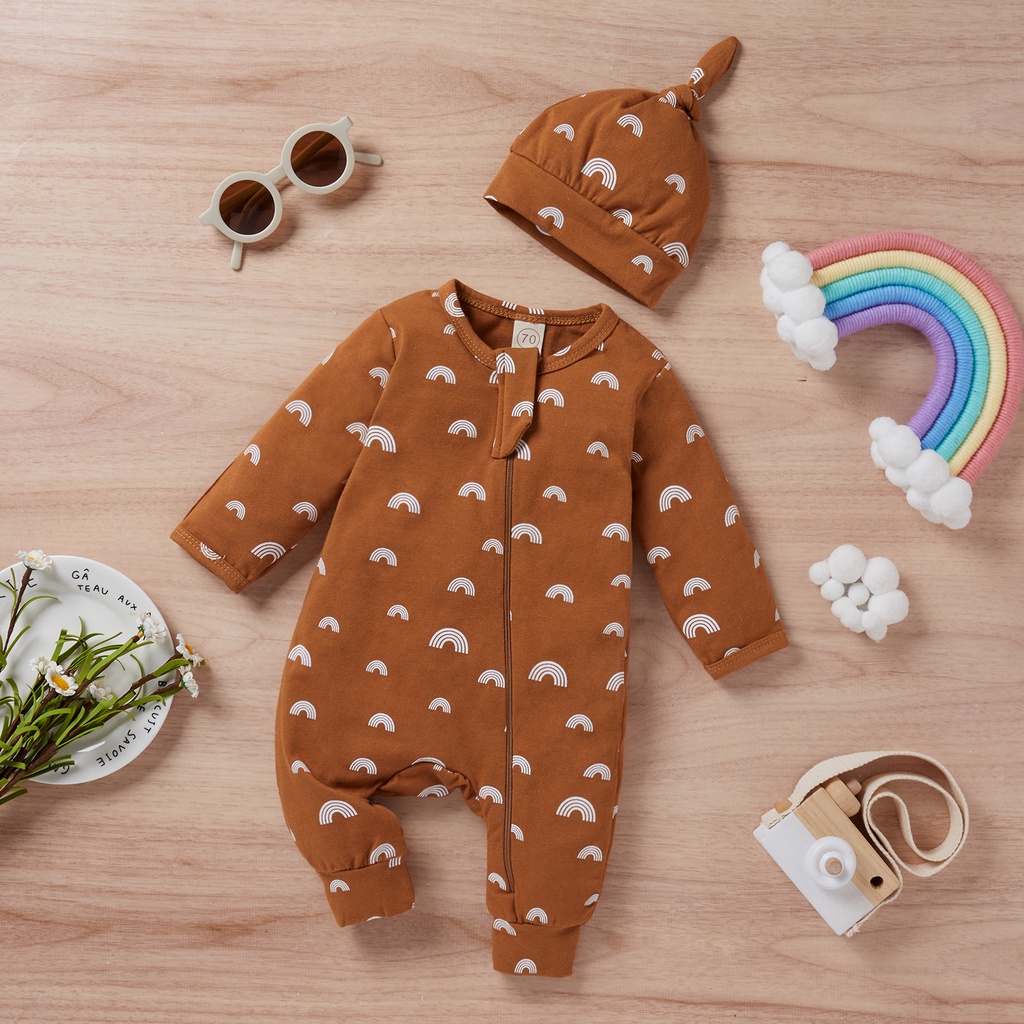 Áo Liền Quần Khóa Kéo + Quần Dài + Mũ Cho Bé Sơ Sinh