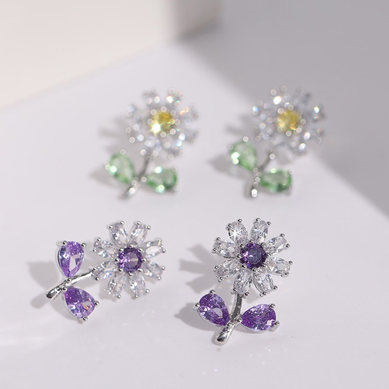Khuyên tai Pinkdudu PD762 kiểu hoa tím bằng hợp kim đính đá zircon thời trang cho nữ