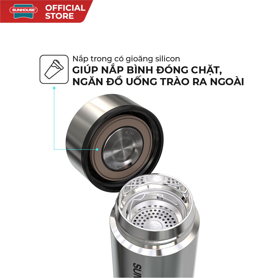 BÌNH GIỮ NHIỆT INOX 304 SUNHOUSE 450ML - kiểu dáng thon gọn trẻ trung độc đáo (BH 12 tháng)