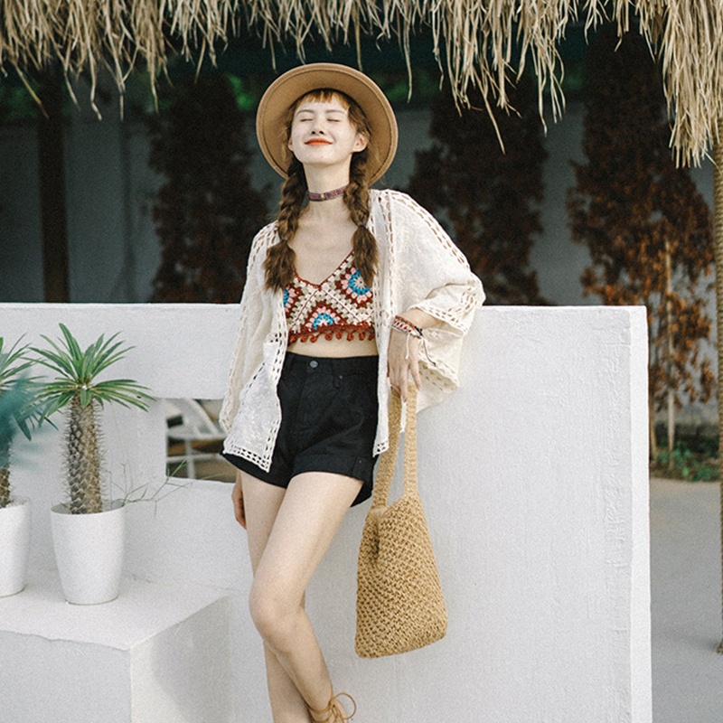 Youyo Áo Croptop Dệt Kim Cổ Chữ V Màu Tương Phản Phối Tua Rua Và Quả Bông Phong Cách Dân Tộc Retro Quyến Rũ