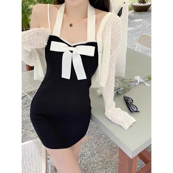 set váy yếm len nơ kèm khoác mỏng (2028#)