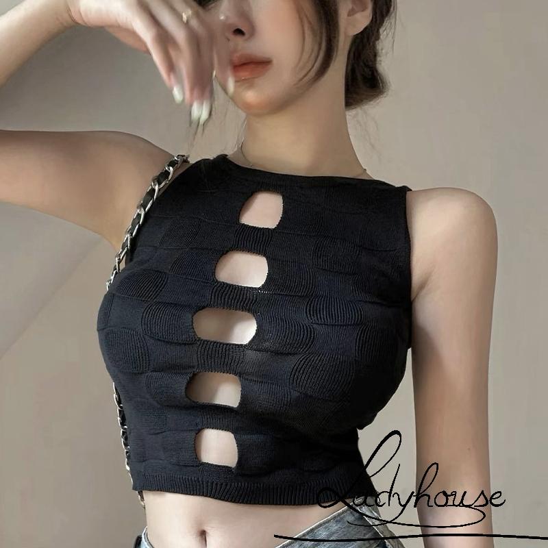 Áo Croptop Dệt Kim Không Tay Màu Trơn Họa Tiết Kẻ Sọc Cho Nữ