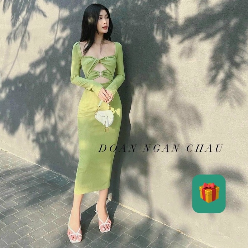 Đầm tay dài cổ vuông xoắn ngực khoen eo dáng dài ôm body cực xinh , chất thun gân dày dặn