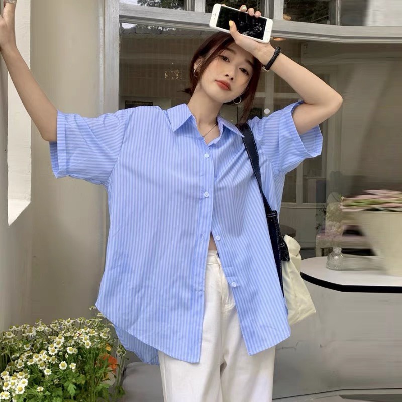 💃 Áo Sơ mi nữ cộc tay kẻ sọc dáng rộng vải kate | BigBuy360 - bigbuy360.vn